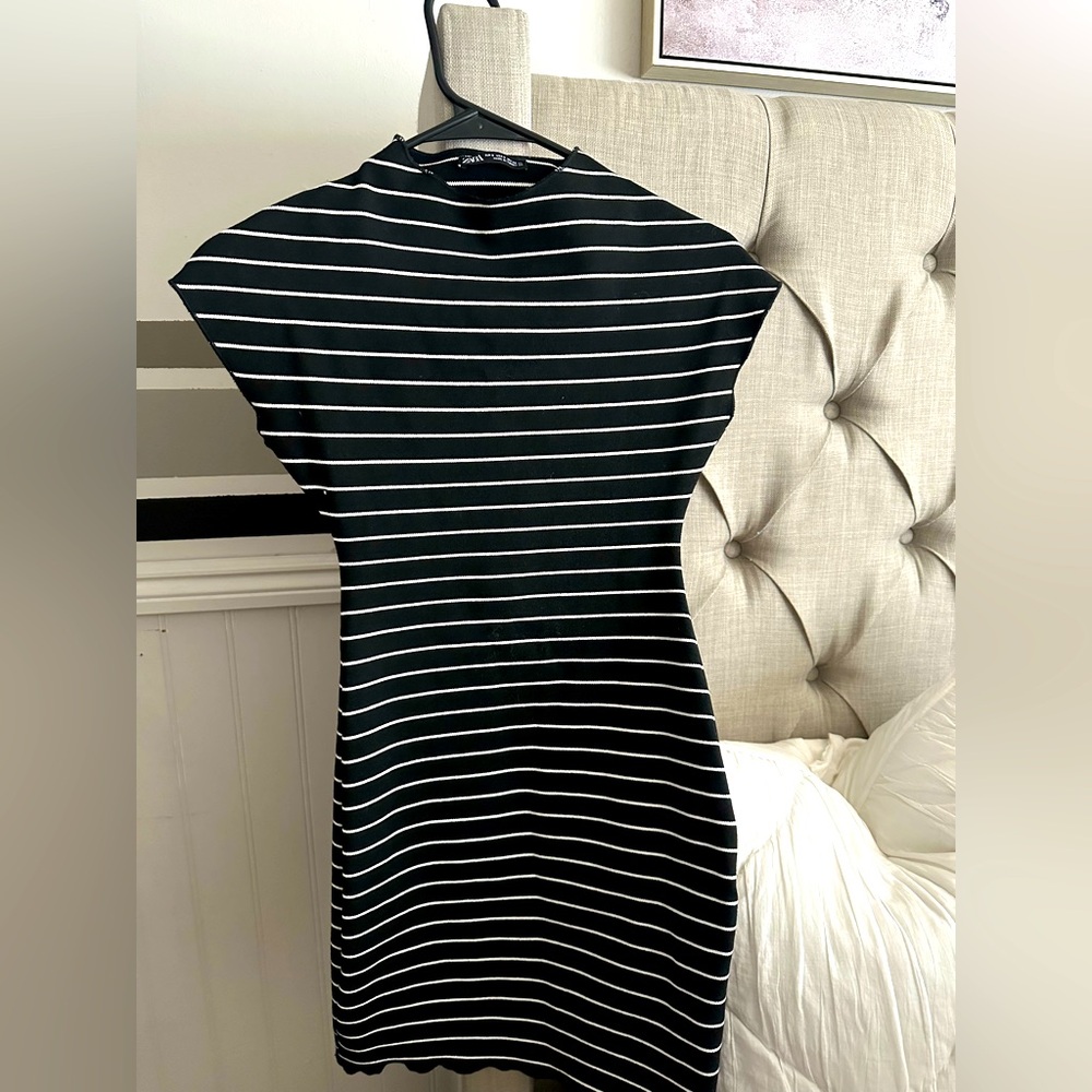 Zara Black and White Mini Dress with Mock Neck
